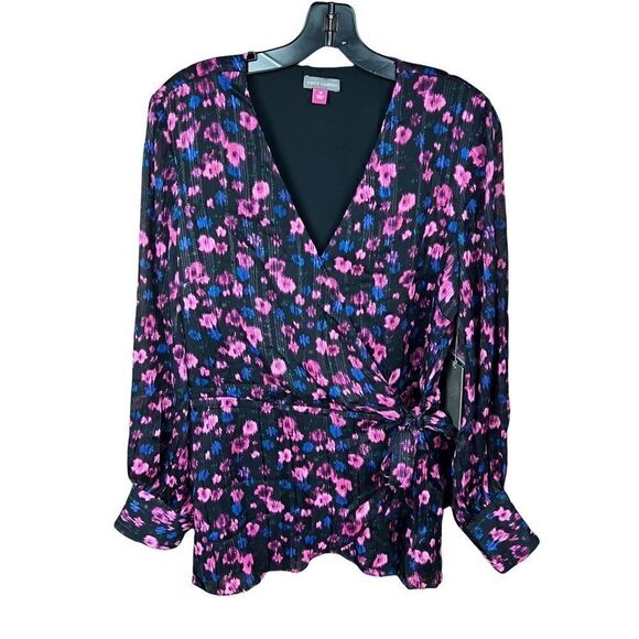 Vince Camuto Blouse Twilight Wrap Tie Side Floral Print Black Pink Blue XS - Picture 9 of 12